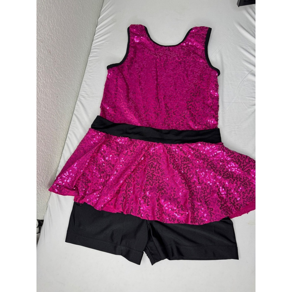 Pink Sequin Dance Costume Sleeveless Skirted Leotard Shorts Kids Performance